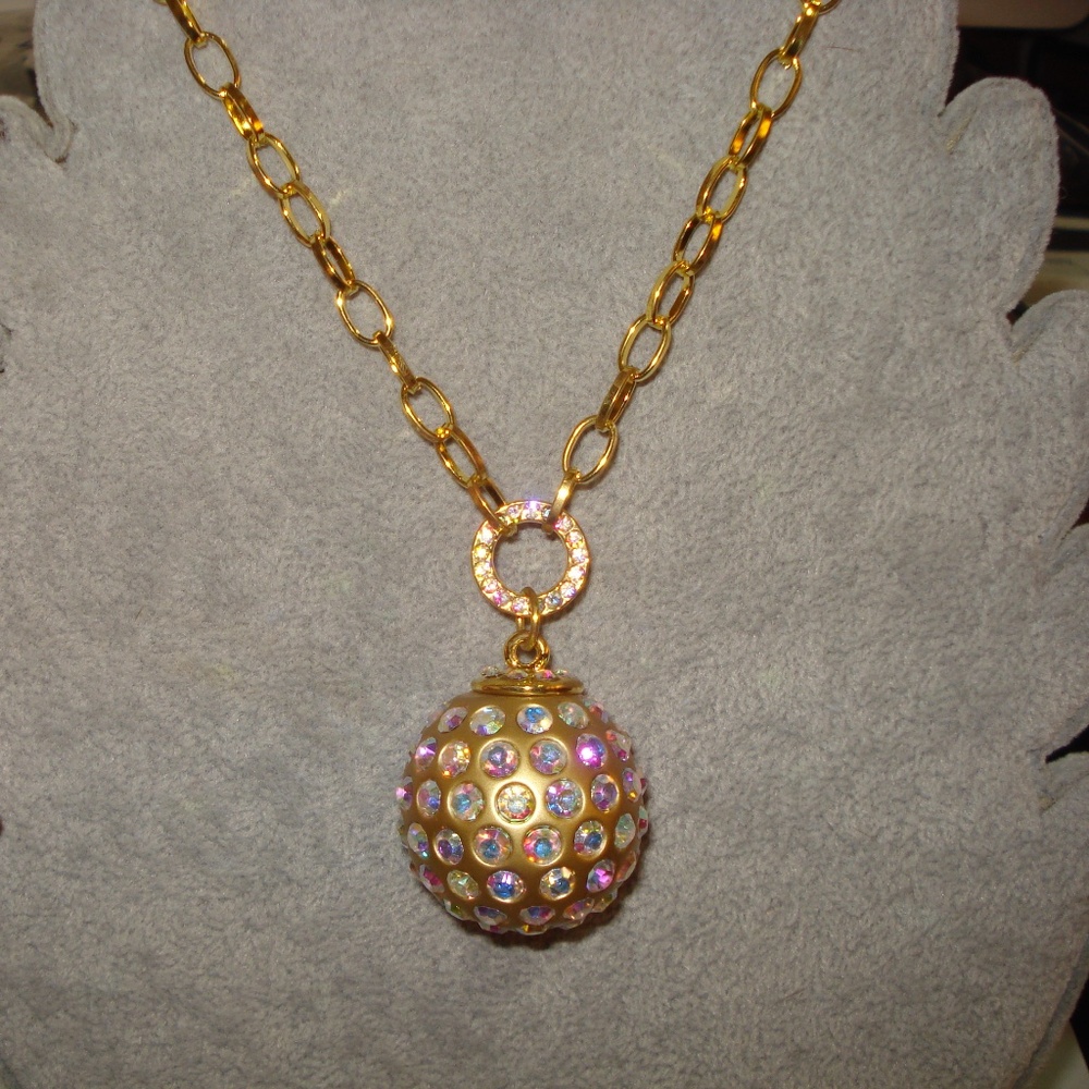 AB Rhinestone Large Gold Disco Ball Pendant Necklace Bling Bling!!